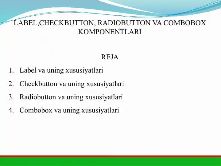 LABEL, CHECKBUTTON, RADIOBUTTON VA COMBOBOX KOMPONENTLARI REJA