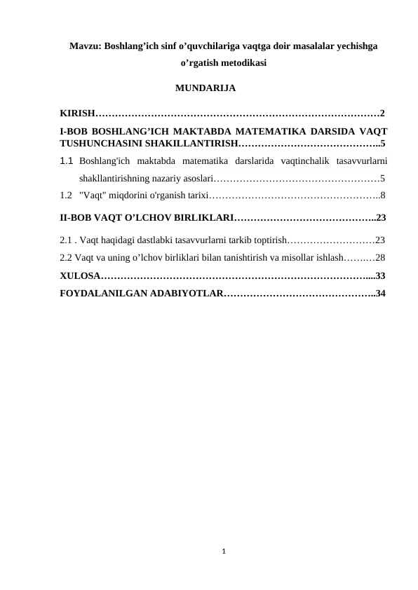 Boshlang’ich sinf o’quvchilariga vaqtga doir masalalar yechishga o’rgatish metodikasi
