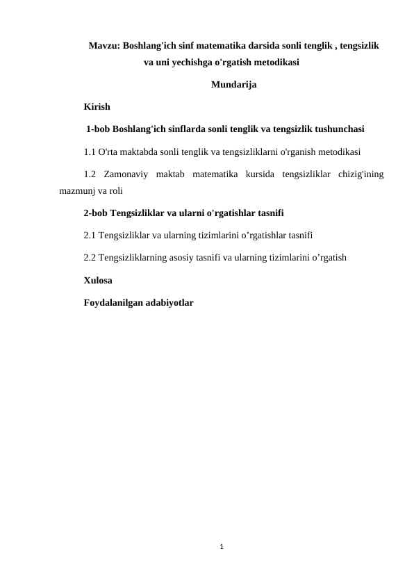 Boshlang'ich sinf matematika darsida sonli tenglik , tengsizlik va uni yechishga o'rgatish metodikasi