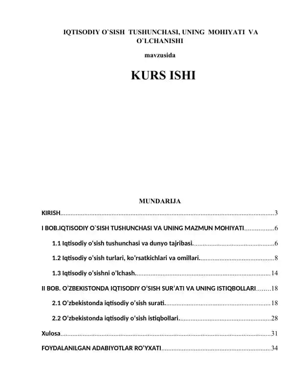 IQTISODIY O`SISH TUSHUNCHASI VA O'LCHANISHI