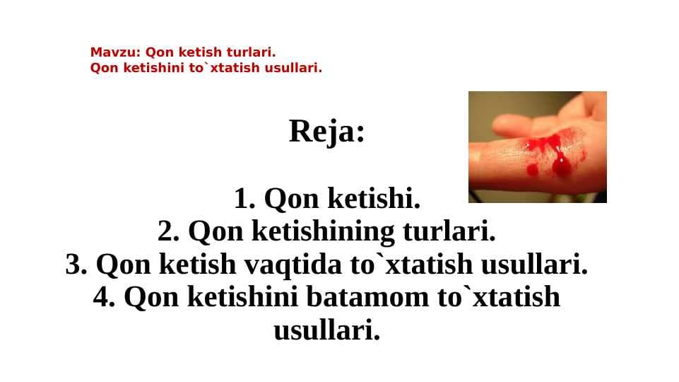 Qon ketish turlari. Qon ketishini to`xtatish usullari