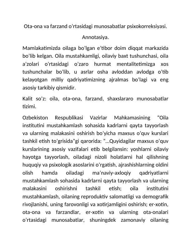 Ota ona va farzand oʻrtasidagi munosabat