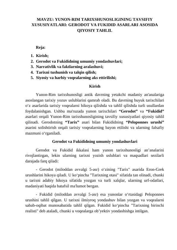 YUNON-RIM TARIXSHUNOSLIGINING TAVSIFIY XUSUSIYATLARI: GERODOT VA FUKIDID ASARLARI ASOSIDA QIYOSIY TAHLIL