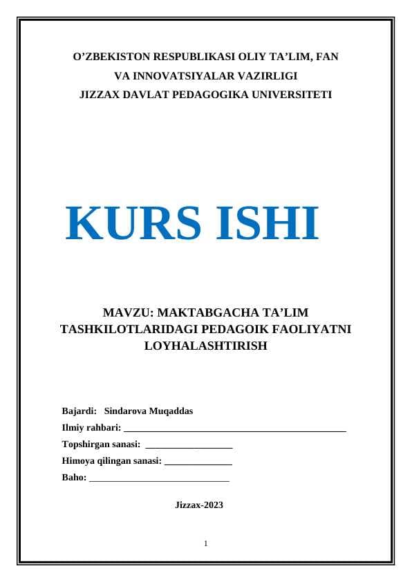 MAKTABGACHA TA’LIM TASHKILOTLARIDAGI PEDAGOIK FAOLIYATNI LOYHALASHTIRISH