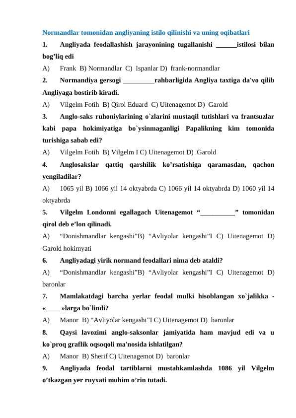 Normandlar tomonidan Angliyaning istilo qilinishi va uning oqibatlari
