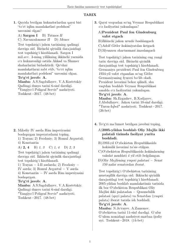 Tarix fanidan namunaviy test topshiriqlari