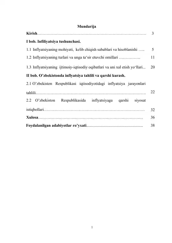 O’zbekiston Respublikasi iqtisodiyotidagi inflyatsiya jarayon