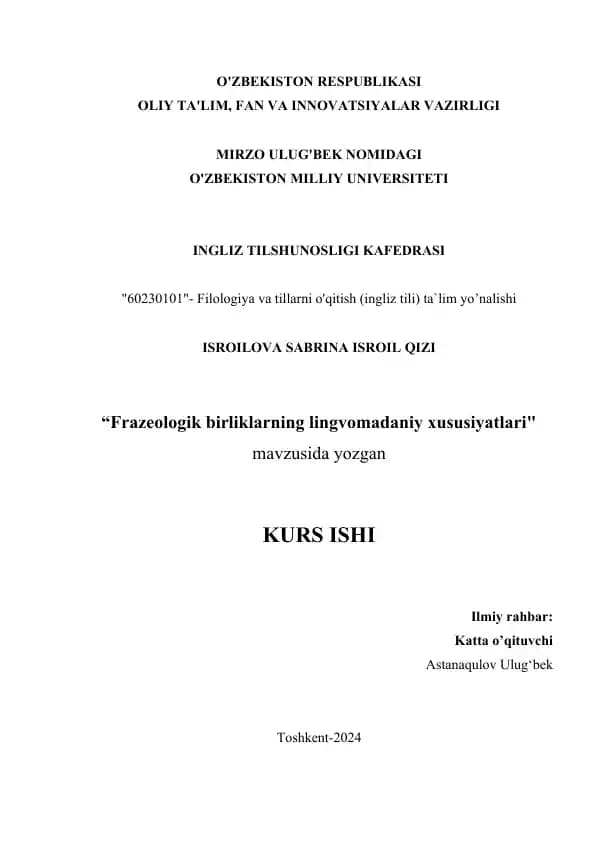 "Frazeologik birliklarning lingvomadaniy xususiyatlari"