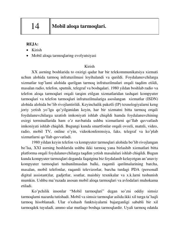 Mobil aloqa tarmoqlari.