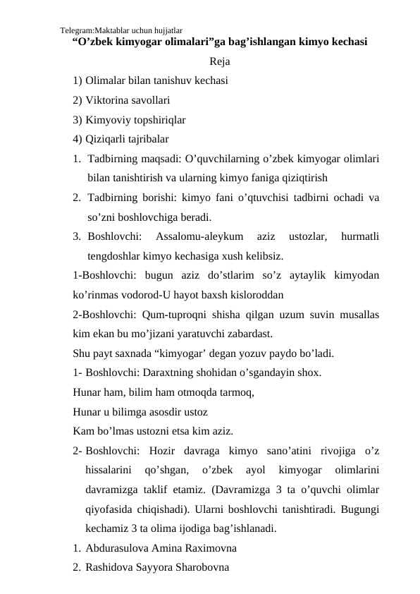 “O’zbek kimyogar olimalari”ga bag’ishlangan kimyo kechasi