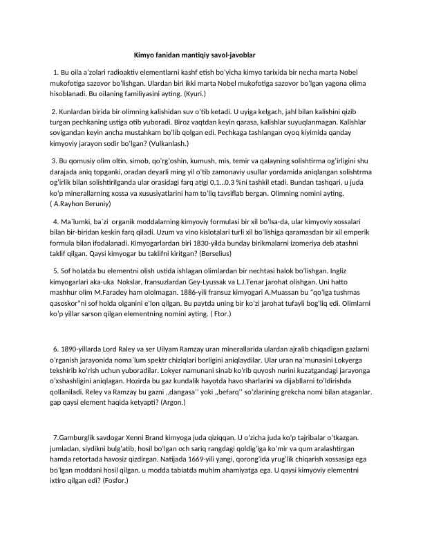 Kimyo fanidan matiqiy savol-javoblar
