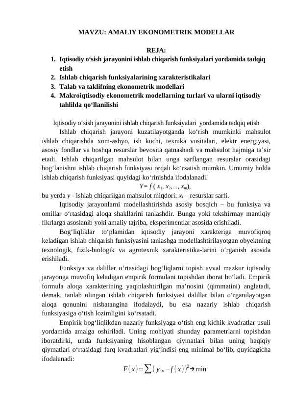 AMALIY EKONOMETRIK MODELLAR