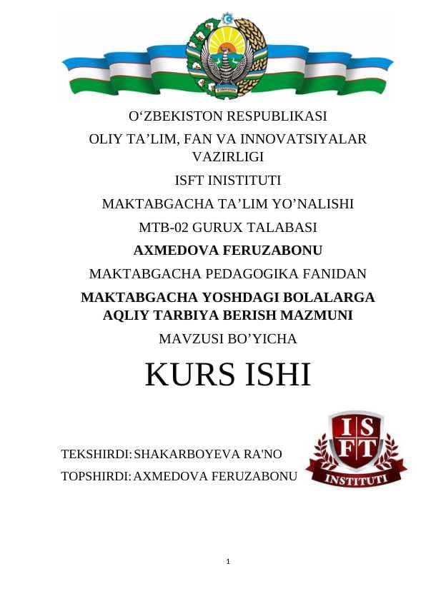 MAKTABGACHA YOSHDAGI BOLALARGA AQLIY TARBIYA BERISH MAZMUNI