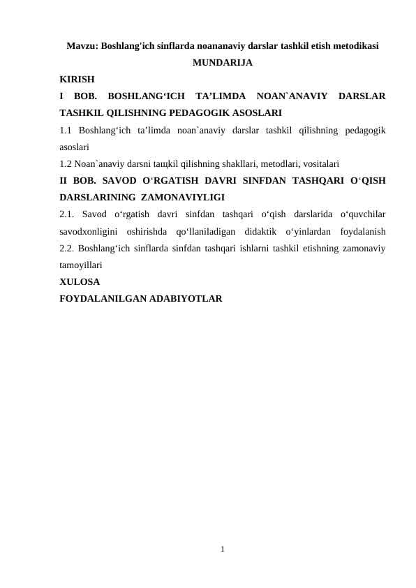 Boshlang'ich sinflarda noananaviy darslar tashkil etish metodikasi