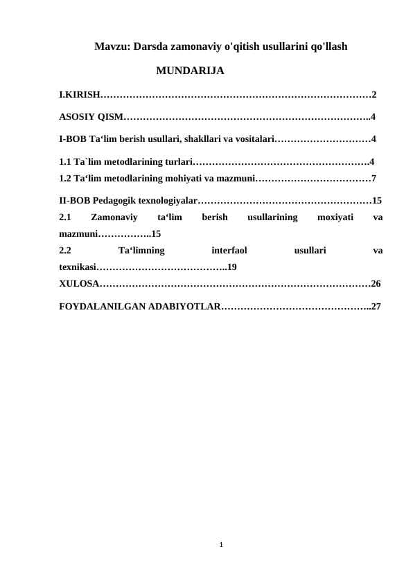 Darsda zamonaviy o'qitish usullarini qo'llash