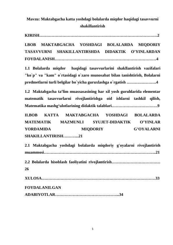 Maktabgacha katta yoshdagi bolalarda miqdor haqidagi tasavvurni shakillantirish