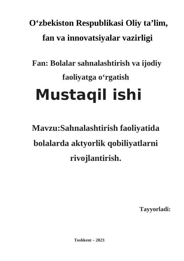 Sahnalashtirish faoliyatida bolalarda aktyorlik qobiliyatlarni  rivojlantirish