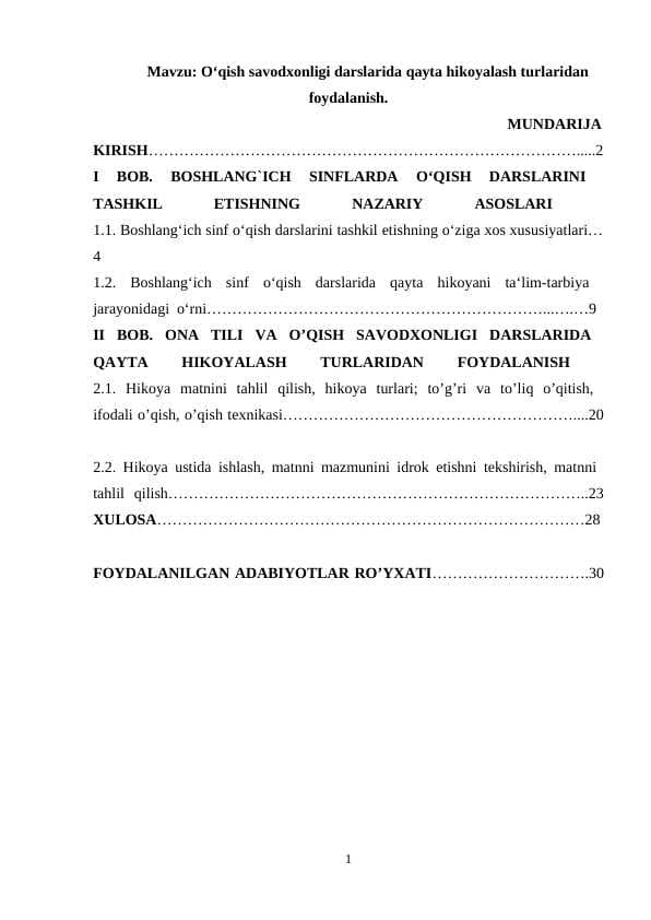 O‘qish savodxonligi darslarida qayta hikoyalash turlaridan foydalanish