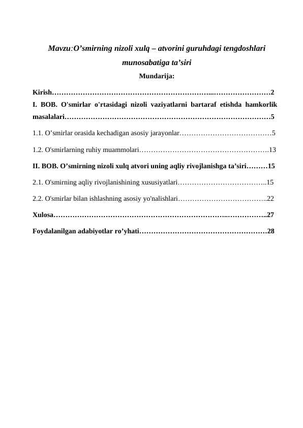 O’smirning nizoli xulq – atvorini guruhdagi tengdoshlari munosabatiga ta’siri