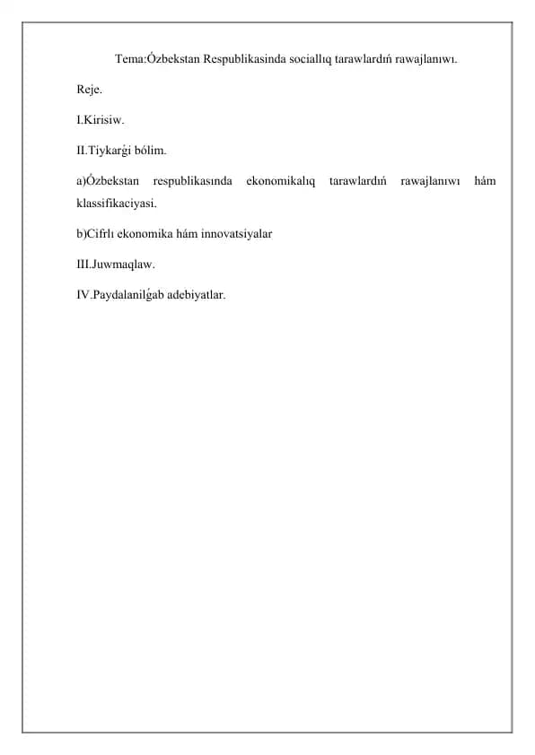 Ózbekstan Respublikasinda sociallıq tarawlardıń rawajlanıwı