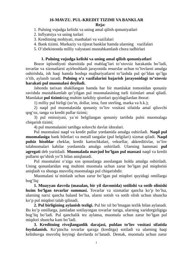 Pul kredit tizimi va banklar