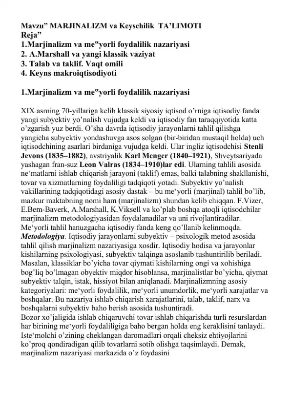 MARJINALIZM va Keynesilik TA’LIMOTI