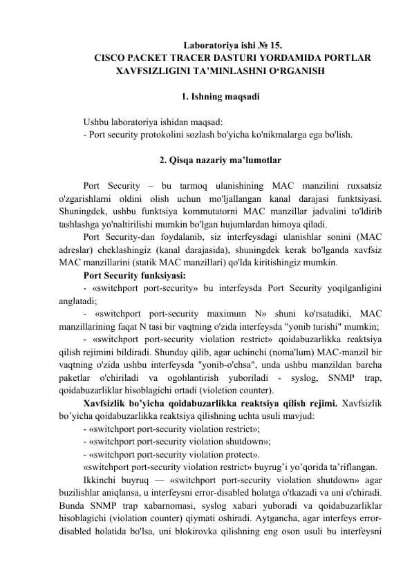 CISCO PACKET TRACER DASTURI YORDAMIDA PORTLAR XAVFSIZLIGINI TA’MINLASHNI O‘RGANISH