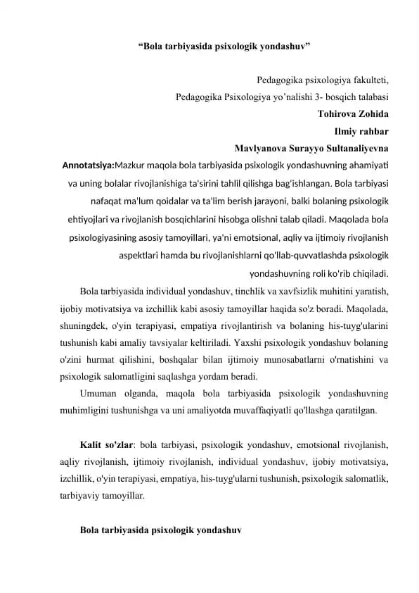 Bola tarbiyasida psixologik yondashuv