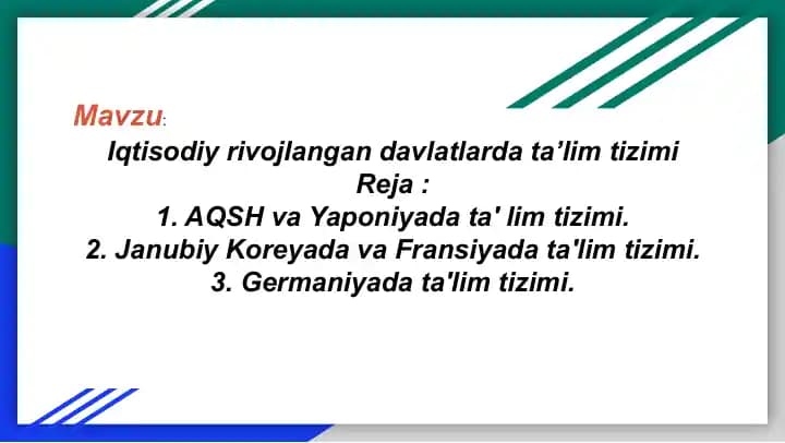 Iqtisodiy rivojlangan davlatlarda ta’lim tizimi