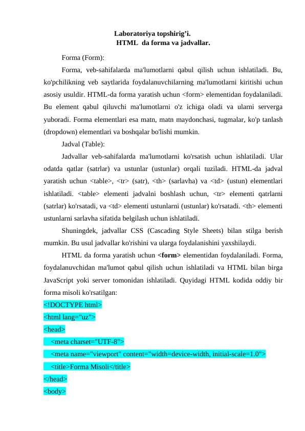 HTML  da forma va jadvallar.
