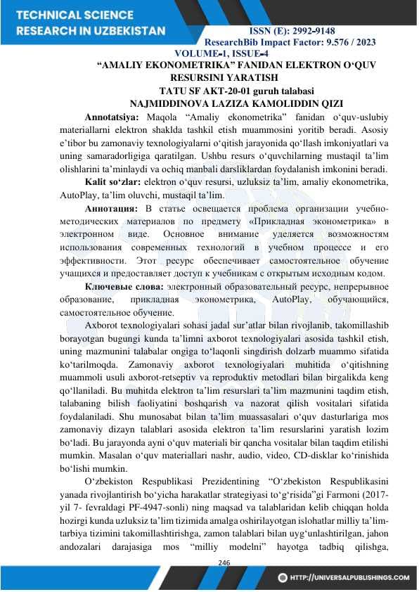 “AMALIY EKONOMETRIKA” FANIDAN ELEKTRON O‘QUV RESURSINI YARATISH.