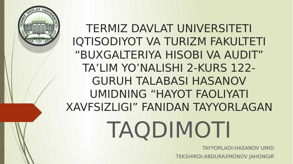 O’ZBEKISTON RESPUBLIKASIDA YUZAGA KELISHI MUMKIN BO’LGAN FA VQULODDA VAZIYATLAR VA ULARNI OLDINI OLISH BORASIDA AMALGA OSHIRILAYOTGAN ISHLAR