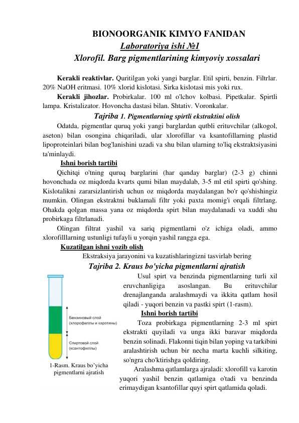 Xlorofil. Barg pigmentlarining kimyoviy xossalari