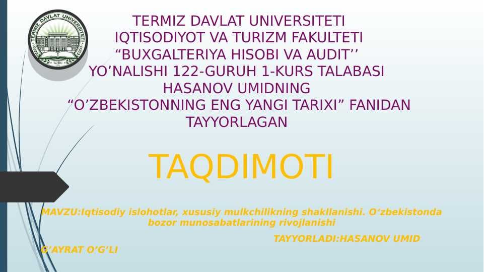 Iqtisodiy islohotlar, xususiy mulkchilikning shakllanishi. O‘zbekistonda bozor munosabatlarining rivojlanishi