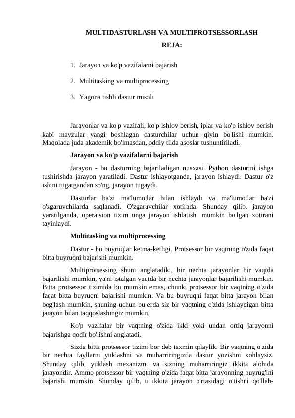 MULTIDASTURLASH VA MULTIPROTSESSORLASH
