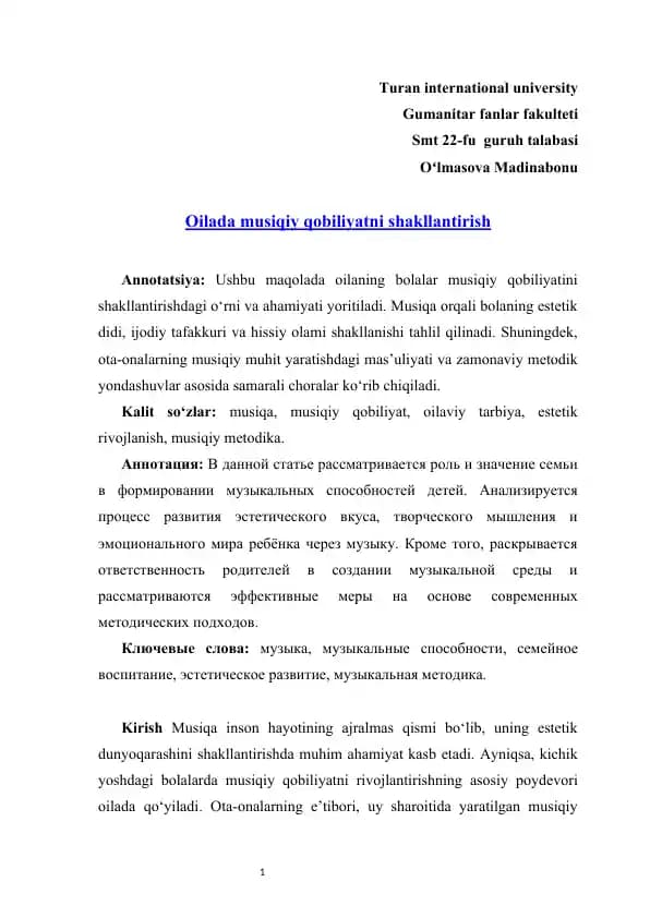 Oilada musiqiy qobiliyatni shakllantirish
