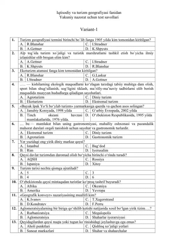 Turizm geografiyasi test savollari