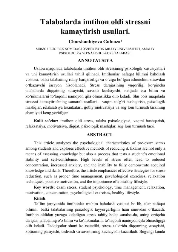 Talabalarda imtihon oldi stressni kamaytirish usullari