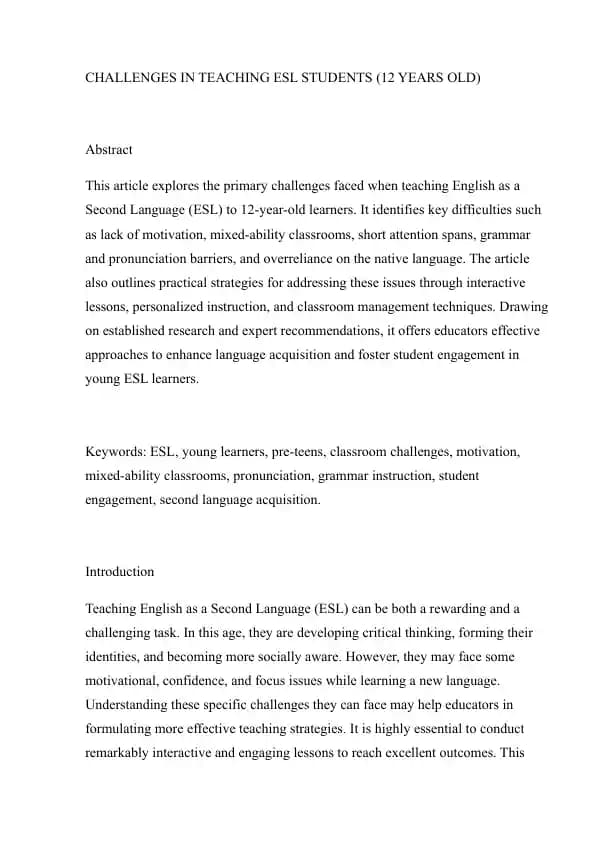 CHALLENGES IN TEACHING ESL STUDENTS (12 YEARS OLD)