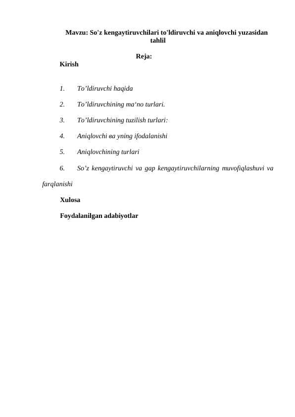 So'z kengaytiruvchilari to'ldiruvchi va aniqlovchi yuzasidan tahlil