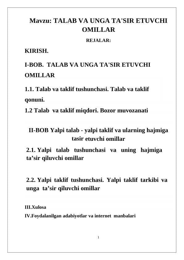 TALAB VA UNGA TA'SIR ETUVCHI OMILLAR
