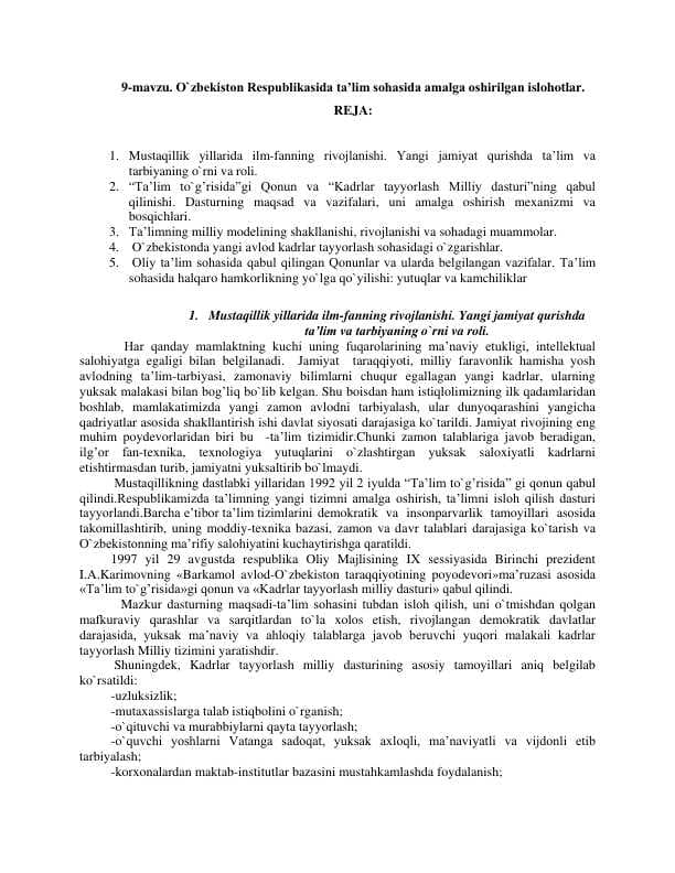 Oʻzbekiston Respublikasida taʼlim tizimida amalga oshirilgan islohotlar