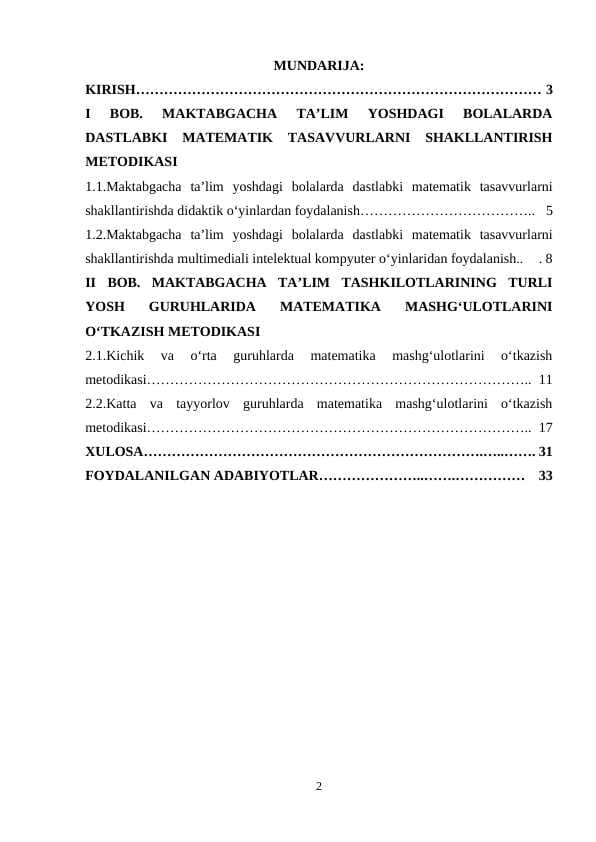 Maktabgacha taʼlim tashkilotlariga turli yosh guruhlarda matematika mashgʻulotgʻarini oʻtkazish metodikasi