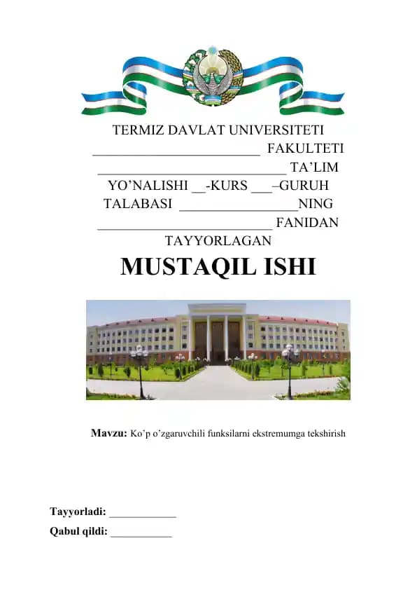 Ko’p o’zgaruvchili funksilarni ekstremumga tekshirish