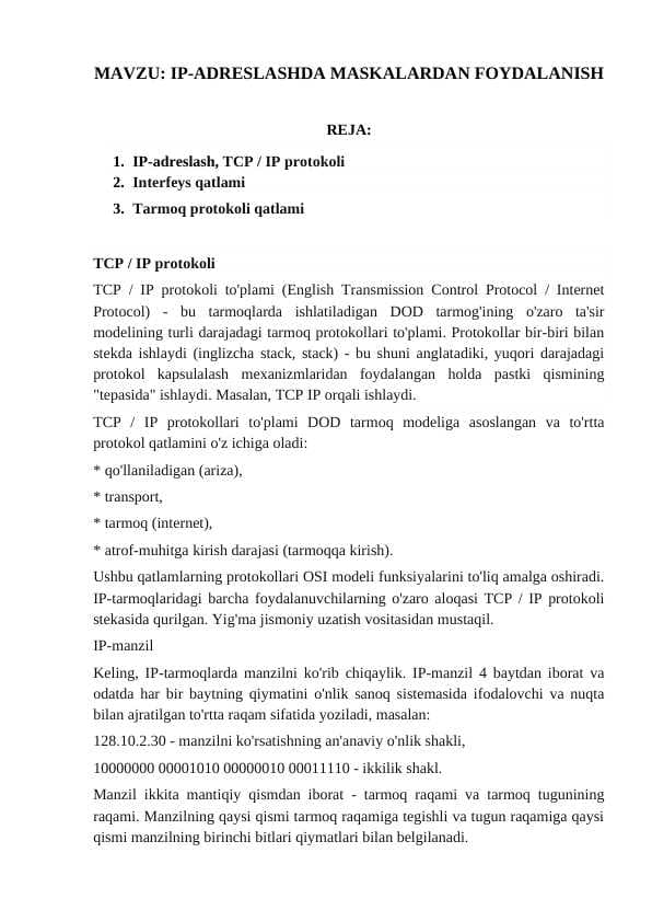 IP-ADRESLASHDA MASKALARDAN FOYDALANISH