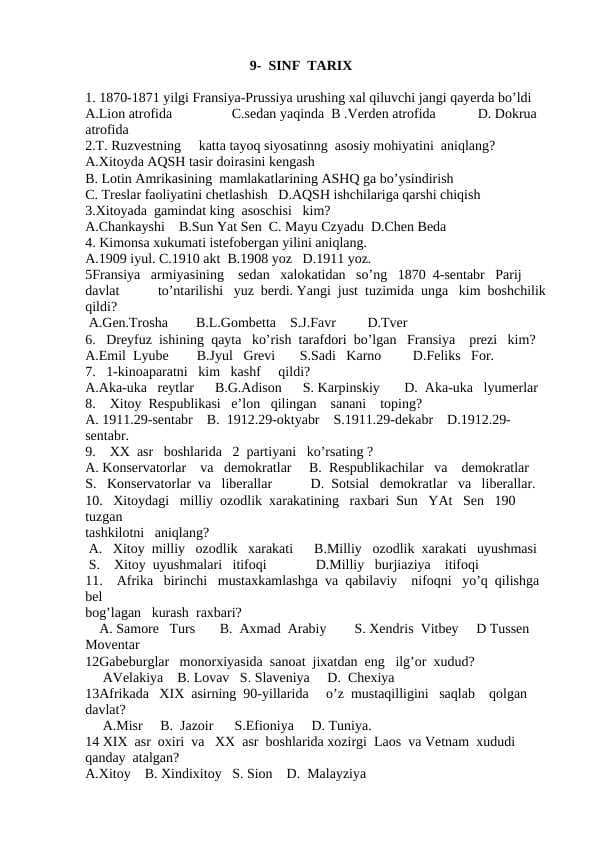 9-sinf tarix 1-4-chorak (Javoblari bilan)+