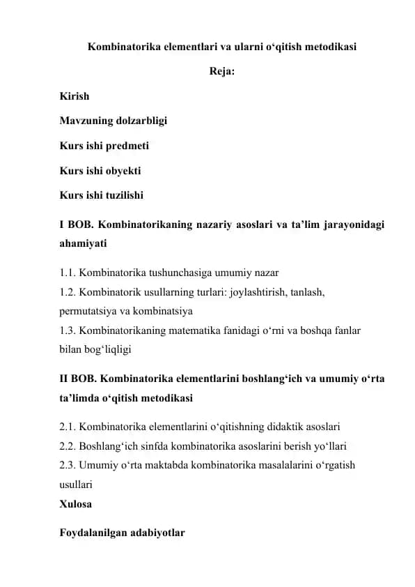 Kombinatorika elementlari va ularni o'qitish
