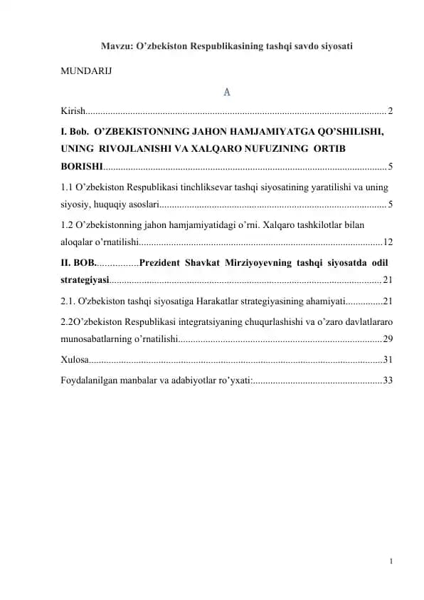 O’zbekiston Respublikasining tashqi savdo siyosati