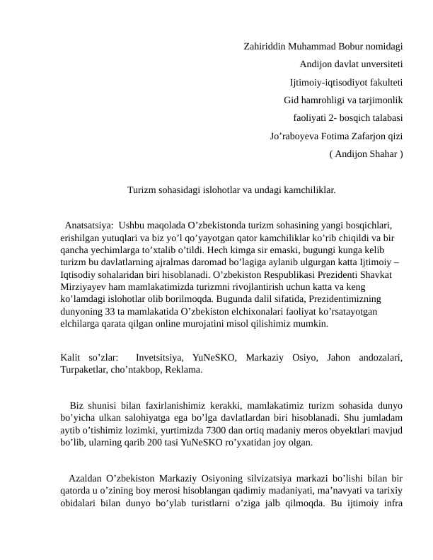 Turizm sohasidagi islohotlar va undagi kamchiliklar
