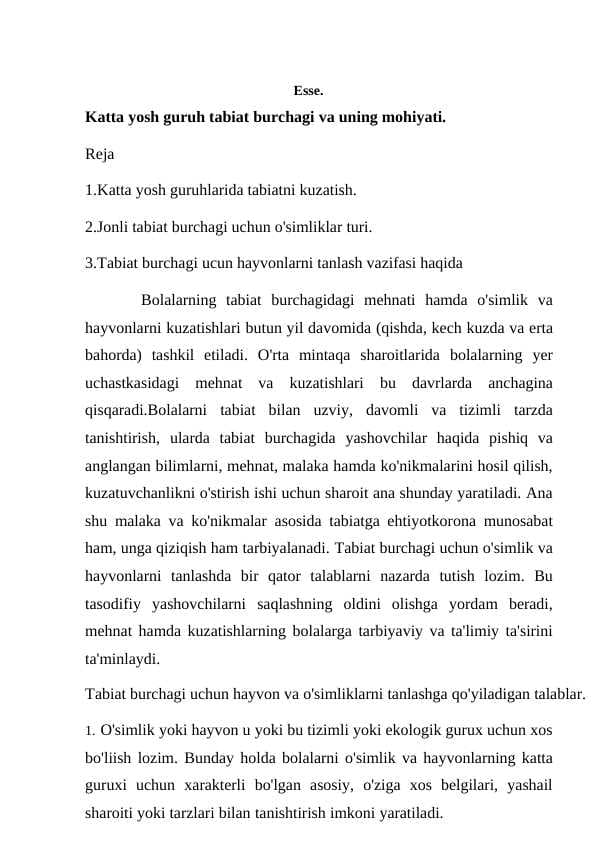Katta yosh guruh tabiat burchagi va uning mohiyati.